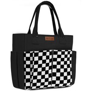 Women Black Lattice Premium Large Utility Canvas Tote Bags with Pockets Zip Top